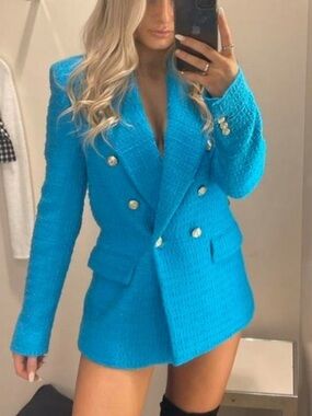 Zara Double-Breasted Tweed Blazer in Bright Turquoise